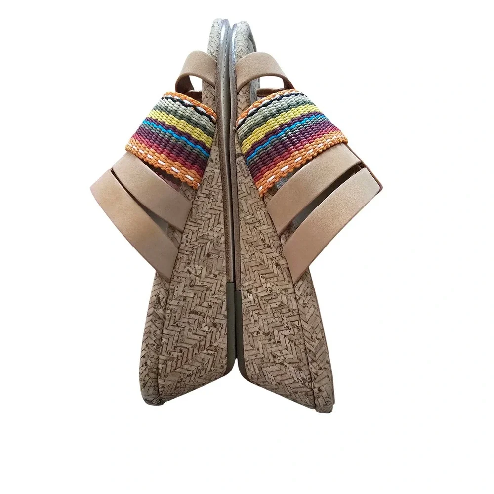 Donald Pliner Womens 7.5M Tan Multi Color Woven Leather Cork Wedge Sandals Italy